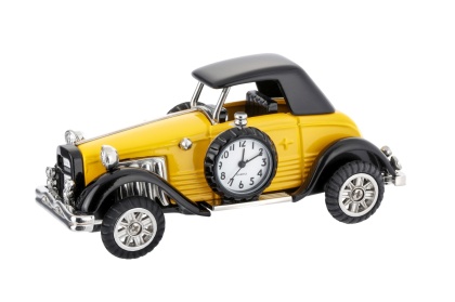 Auto z zegarkiem replika samochodu figurka żółta na biurko dekoracja metalowa urodziny