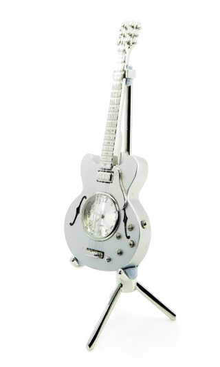 Gitara elektryczna zegar na stojaku dekoracja figurka do biura metalowa instrument