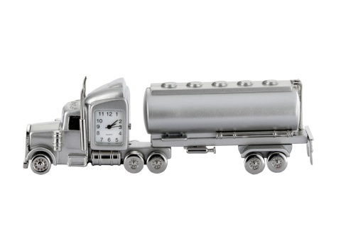 Ciężarówka z zegarkiem figurka na biurko dekoracja srebrna metalowa na prezent auto retro