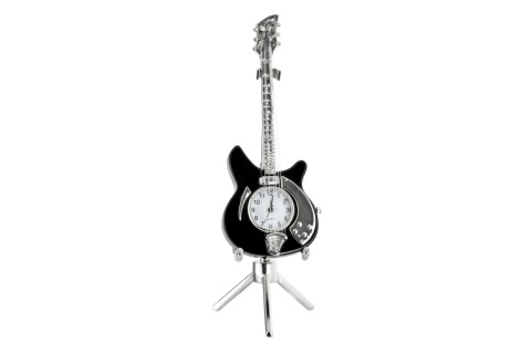 Zegarek gitara elektryczna na stojaku dekoracja figurka do biura metalowa instrument
