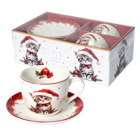 Filiżanki porcelana do herbaty kawy Livello 2 szt prezent na święta Boże Narodzenie kot