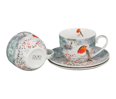 Filiżanki do herbaty porcelana zestaw 2szt święta Boże Narodzenie rudzik Robin in snow
