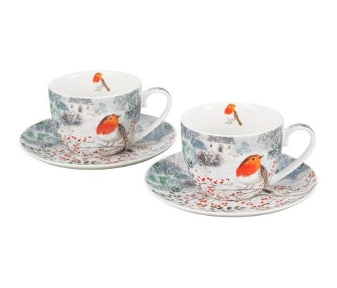 Filiżanki do herbaty porcelana zestaw 2szt święta Boże Narodzenie rudzik Robin in snow