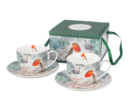Filiżanki do herbaty porcelana zestaw 2szt święta Boże Narodzenie rudzik Robin in snow