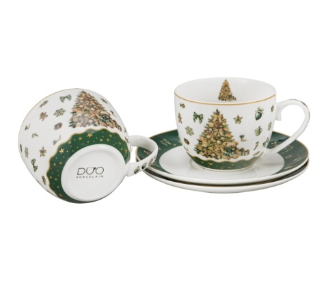 Filiżanki spodki porcelana zestaw 2szt tree sparkle święta choinka miś Boże Narodzenie