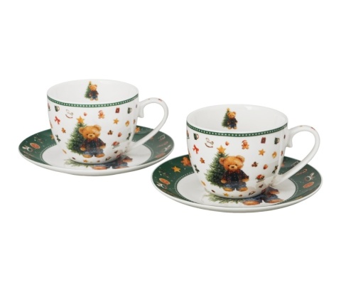 Filiżanki Boże Narodzenie spodki porcelana komplet 2szt Teddy Noel święta choinka miś
