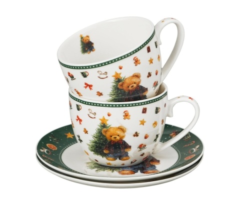 Filiżanki Boże Narodzenie spodki porcelana komplet 2szt Teddy Noel święta choinka miś