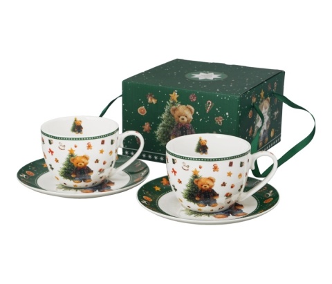 Filiżanki Boże Narodzenie spodki porcelana komplet 2szt Teddy Noel święta choinka miś
