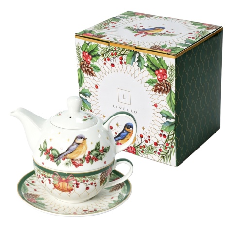 Filiżanka imbryk dzbanek tea for one porcelana livello prezent święta Boże Narodzenie ptak