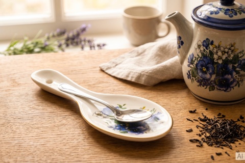 Kremowa podstawka pod łyżkę ceramiczna Mieroszów – niebieskie kwiaty, złoty rant