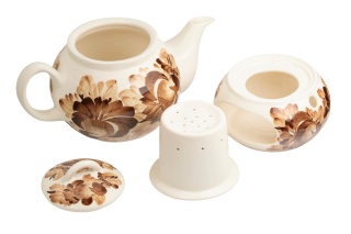 Kremowy imbryk ceramiczny 1L z podgrzewaczem i sitkiem Mieroszów – brązowe kwiaty