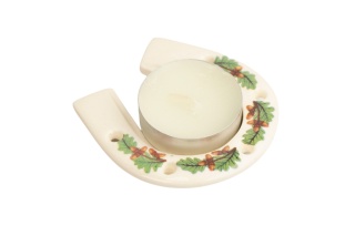 Kremowy świecznik ceramiczny podkowa na tealight Mieroszów – dąb i żołędzie