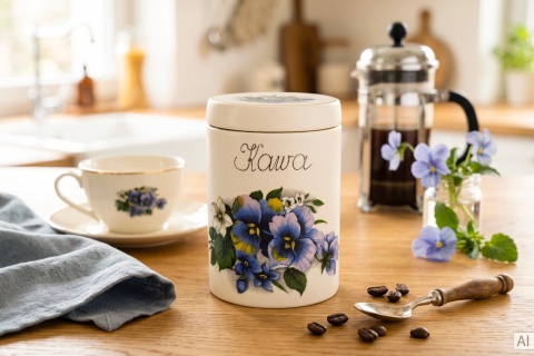 Kremowy pojemnik na kawę ceramiczny Mieroszów – bratki, złoty rant