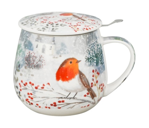 Kubek baryłka zaparzacz Robin in snow święta Boże Narodzenie porcelana rudzik