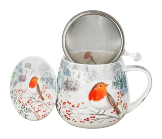Kubek baryłka zaparzacz Robin in snow święta Boże Narodzenie porcelana rudzik