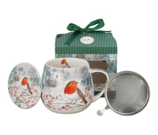 Kubek baryłka zaparzacz Robin in snow święta Boże Narodzenie porcelana rudzik
