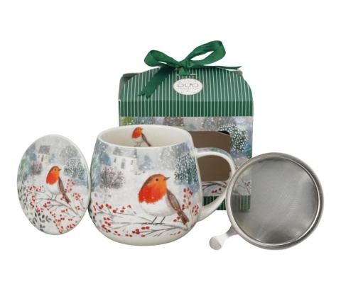 Kubek baryłka zaparzacz Robin in snow święta Boże Narodzenie porcelana rudzik