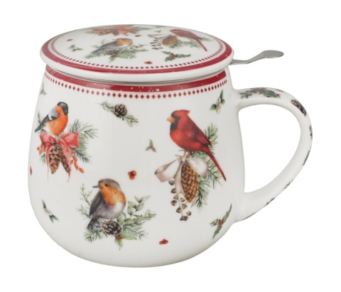 Kubek baryłka zaparzacz sitko Birds of winter święta Boże Narodzenie porcelana ptaki