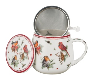 Kubek baryłka zaparzacz sitko Birds of winter święta Boże Narodzenie porcelana ptaki