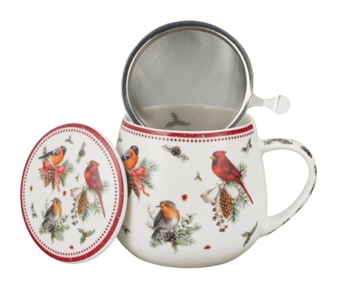 Kubek baryłka zaparzacz sitko Birds of winter święta Boże Narodzenie porcelana ptaki