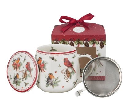 Kubek baryłka zaparzacz sitko Birds of winter święta Boże Narodzenie porcelana ptaki