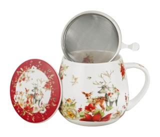 Kubek baryłka zaparzacz sitko Winter friends święta Boże Narodzenie porcelana zwierzęta