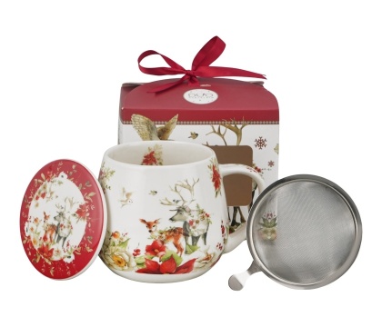 Kubek baryłka zaparzacz sitko Winter friends święta Boże Narodzenie porcelana zwierzęta