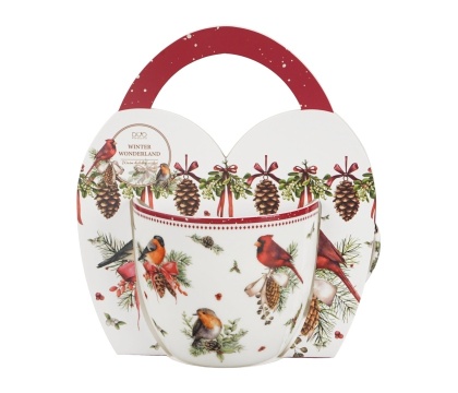 Kubek do kawy porcelana w koszyku Birds of winter prezent na święta Boże Narodzenie ptaki