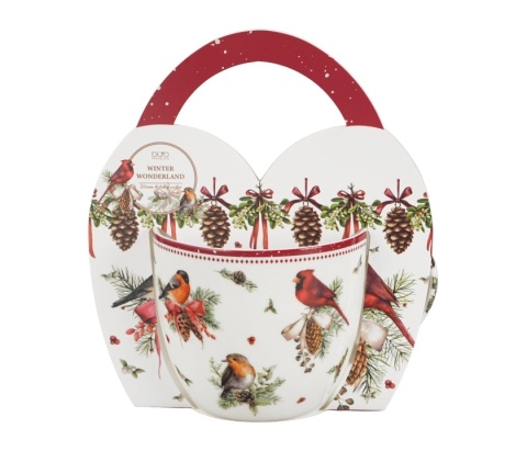 Kubek do kawy porcelana w koszyku Birds of winter prezent na święta Boże Narodzenie ptaki
