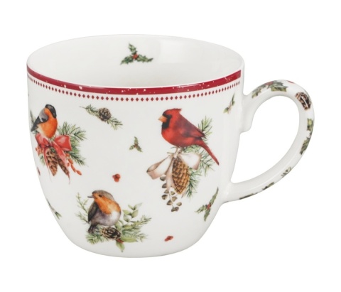 Kubek do kawy porcelana w koszyku Birds of winter prezent na święta Boże Narodzenie ptaki
