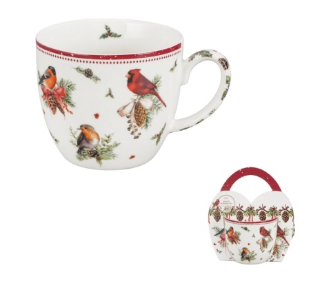Kubek do kawy porcelana w koszyku Birds of winter prezent na święta Boże Narodzenie ptaki