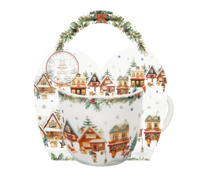Kubek porcelana do kawy Christmas village w koszyku prezent na święta Boże Narodzenie