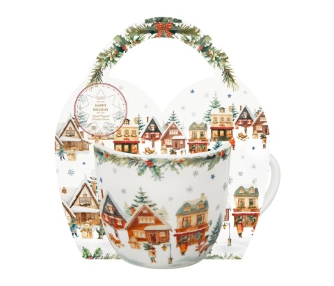 Kubek porcelana do kawy Christmas village w koszyku prezent na święta Boże Narodzenie