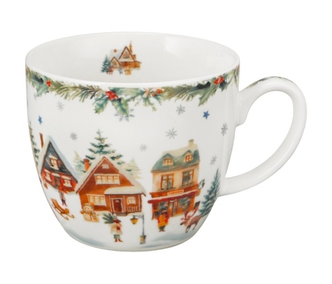 Kubek porcelana do kawy Christmas village w koszyku prezent na święta Boże Narodzenie