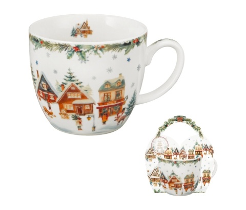 Kubek porcelana do kawy Christmas village w koszyku prezent na święta Boże Narodzenie