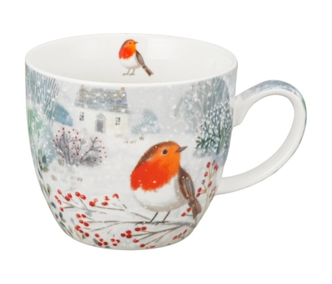 Kubek do kawy porcelana w koszyku Robin in snow prezent na święta Boże Narodzenie rudzik