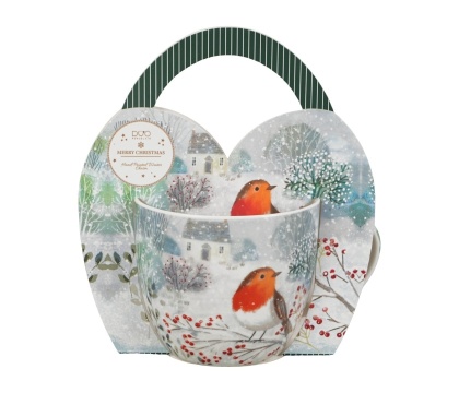 Kubek do kawy porcelana w koszyku Robin in snow prezent na święta Boże Narodzenie rudzik
