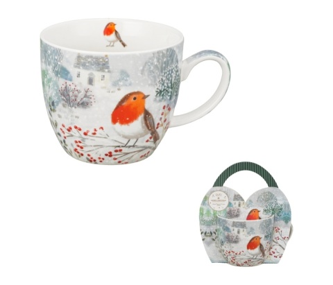 Kubek do kawy porcelana w koszyku Robin in snow prezent na święta Boże Narodzenie rudzik