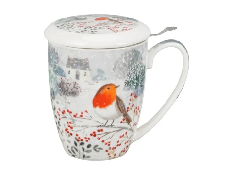 Kubek z sitkiem do herbaty Robin in snow prezent na święta Boże Narodzenie porcelana