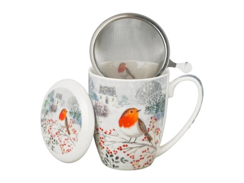 Kubek z sitkiem do herbaty Robin in snow prezent na święta Boże Narodzenie porcelana