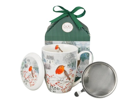 Kubek z sitkiem do herbaty Robin in snow prezent na święta Boże Narodzenie porcelana