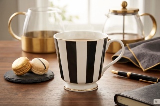Biało-czarny kubek ceramiczny na stopce 370 ml Mieroszów – paski, złoty rant