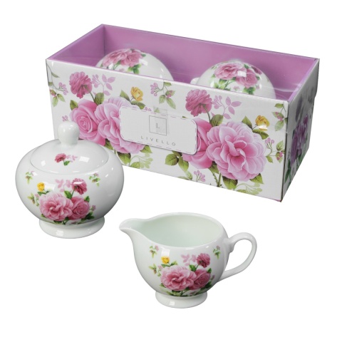 Cukiernica z mlecznikiem komplet z porcelany na urodziny do kawy herbaty róże Livello