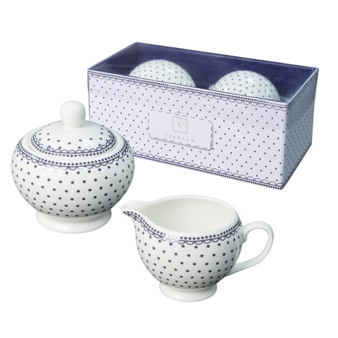 Cukiernica mlecznik komplet z porcelany na urodziny do kawy Livello biała w groszki