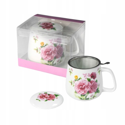 Kubek beczułka zaparzacz sitko livello na urodziny róże porcelana do herbaty ziół