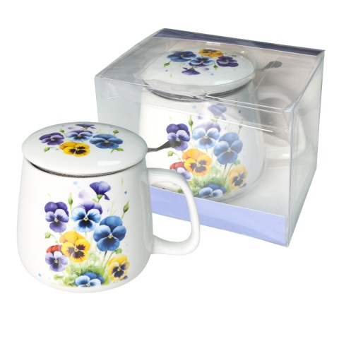 Kubek beczułka sitko zaparzacz livello na urodziny bratki porcelana do herbaty ziół